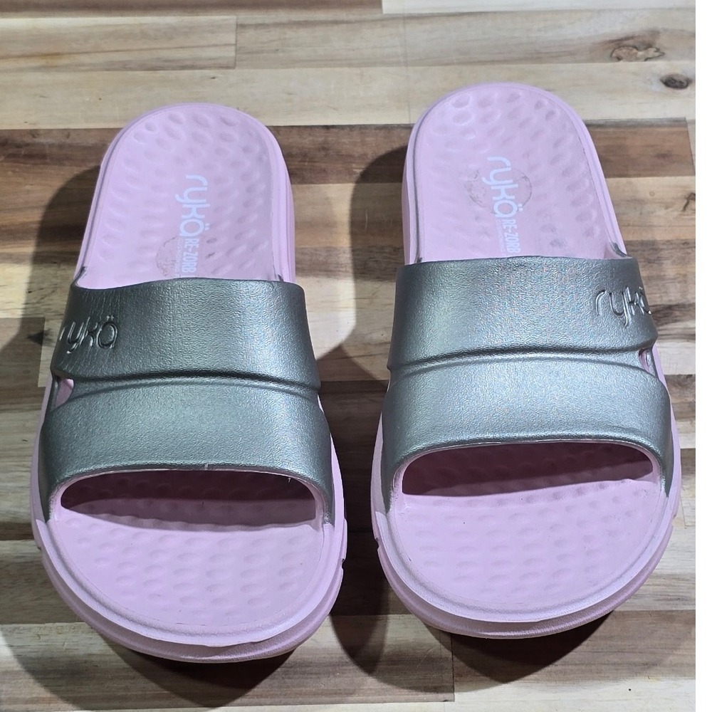 Ryka RE-ZORB LITE Pink Silver Slide Sandals Womens Size 7 Comfort Cushioned‎